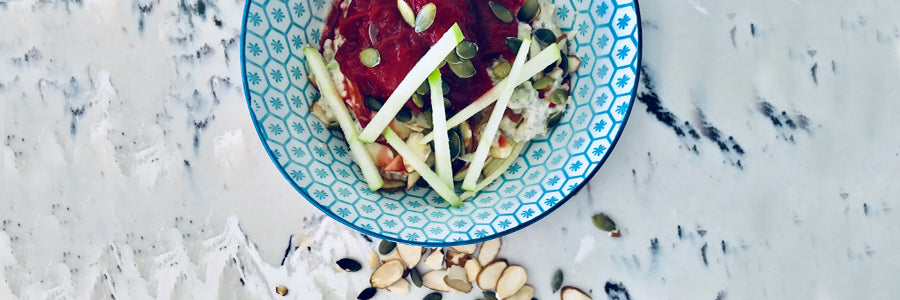 Protein Oats with Chia, Nuts - with Summer Plum Compote